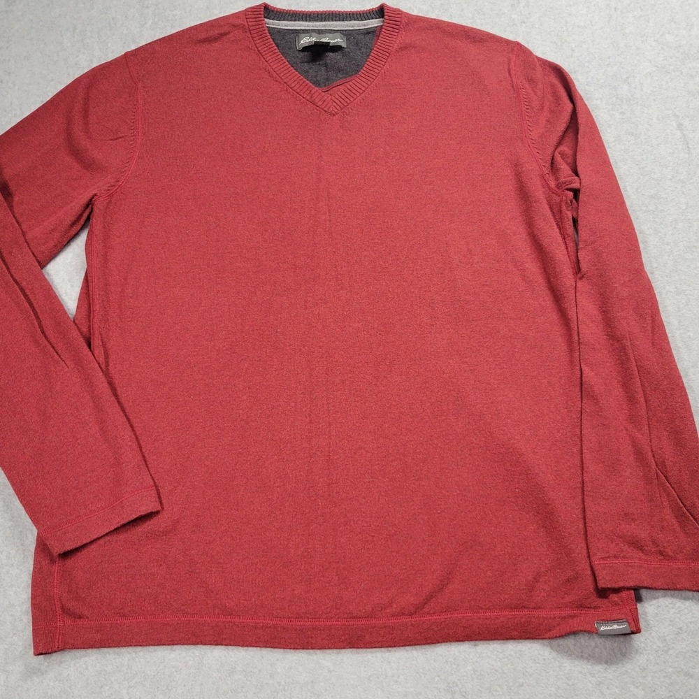 Eddie Bauer Mens XLT Red Cotton Merino Wool V-Neck Sweater Grandpa Gorpcore